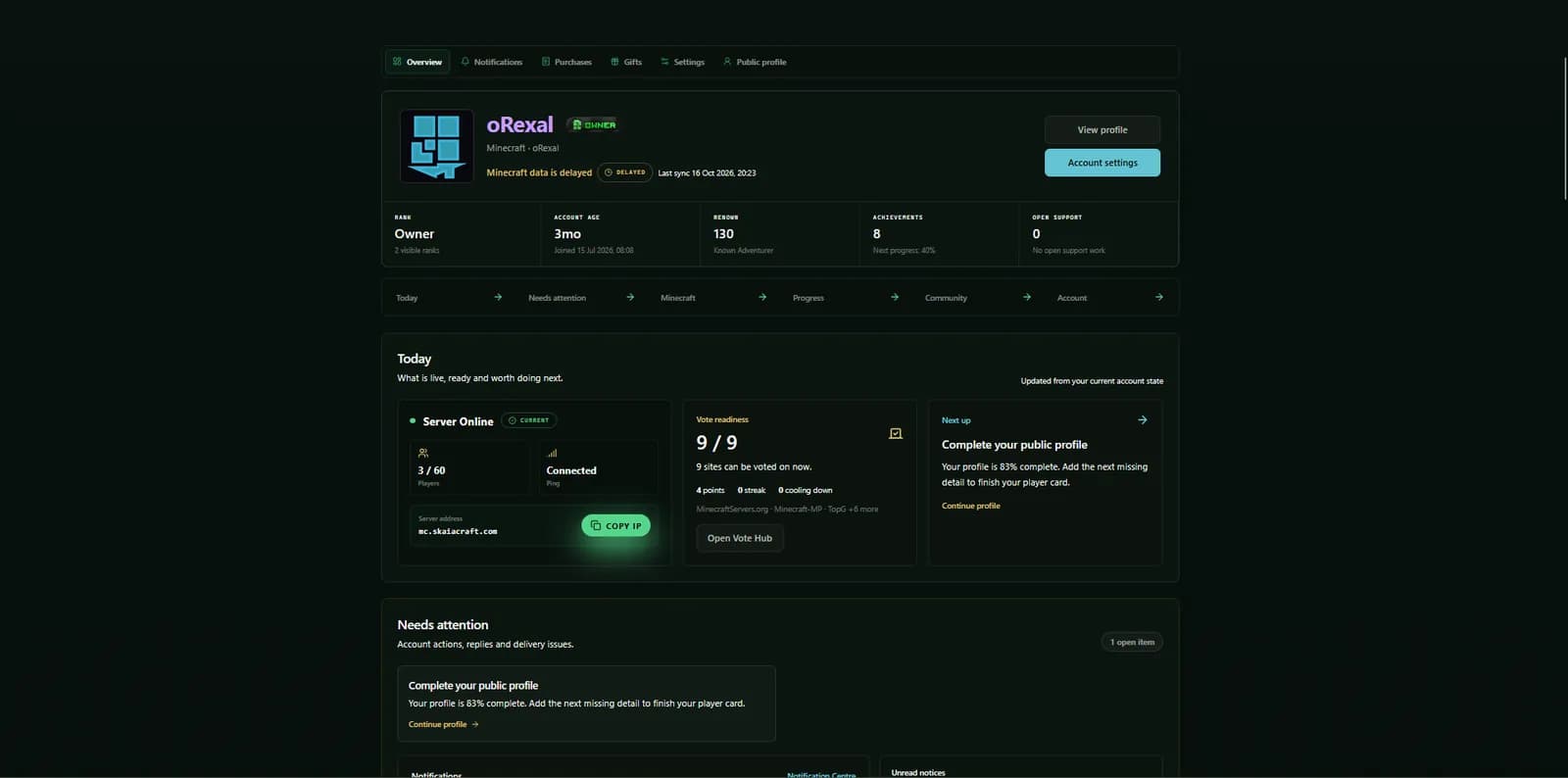 SkaiaCraft player dashboard with account overview, server connection, voting and next-action panels.