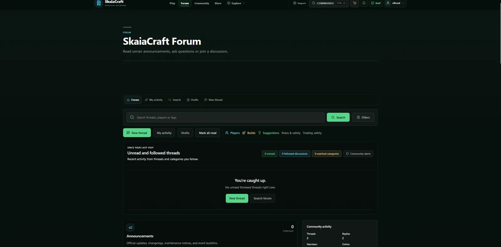 SkaiaCraft community forum with search, new-thread actions, unread discussions and category navigation.