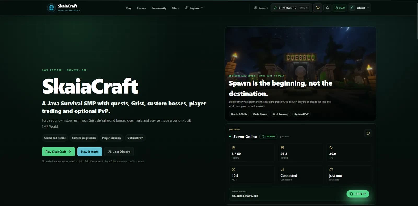 SkaiaCraft homepage displaying the survival server introduction, gameplay highlights and server-status interface.